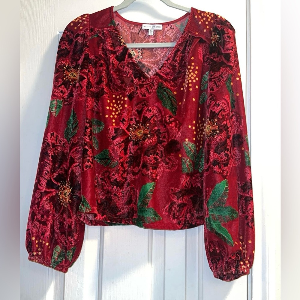 Maison D’Amelie Textured Burgundy Floral V-Neck Blouse with Long Sleeves